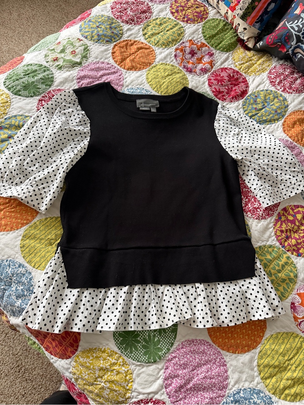 By Anthropologie Layered Poplin-Sleeve Polka Dot Mixed Media Sweater Top, M - Picture 4 of 13